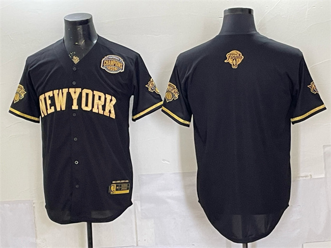 Men's New York Knicks Blank Black Gold 2026 Finals & Eastern Conference Champions Patch Stitched Baseball Jersey Men's New York Knicks Blank Black Gold 2026 Finals & Eastern Conference Champions Patch Stitched Baseball Jersey